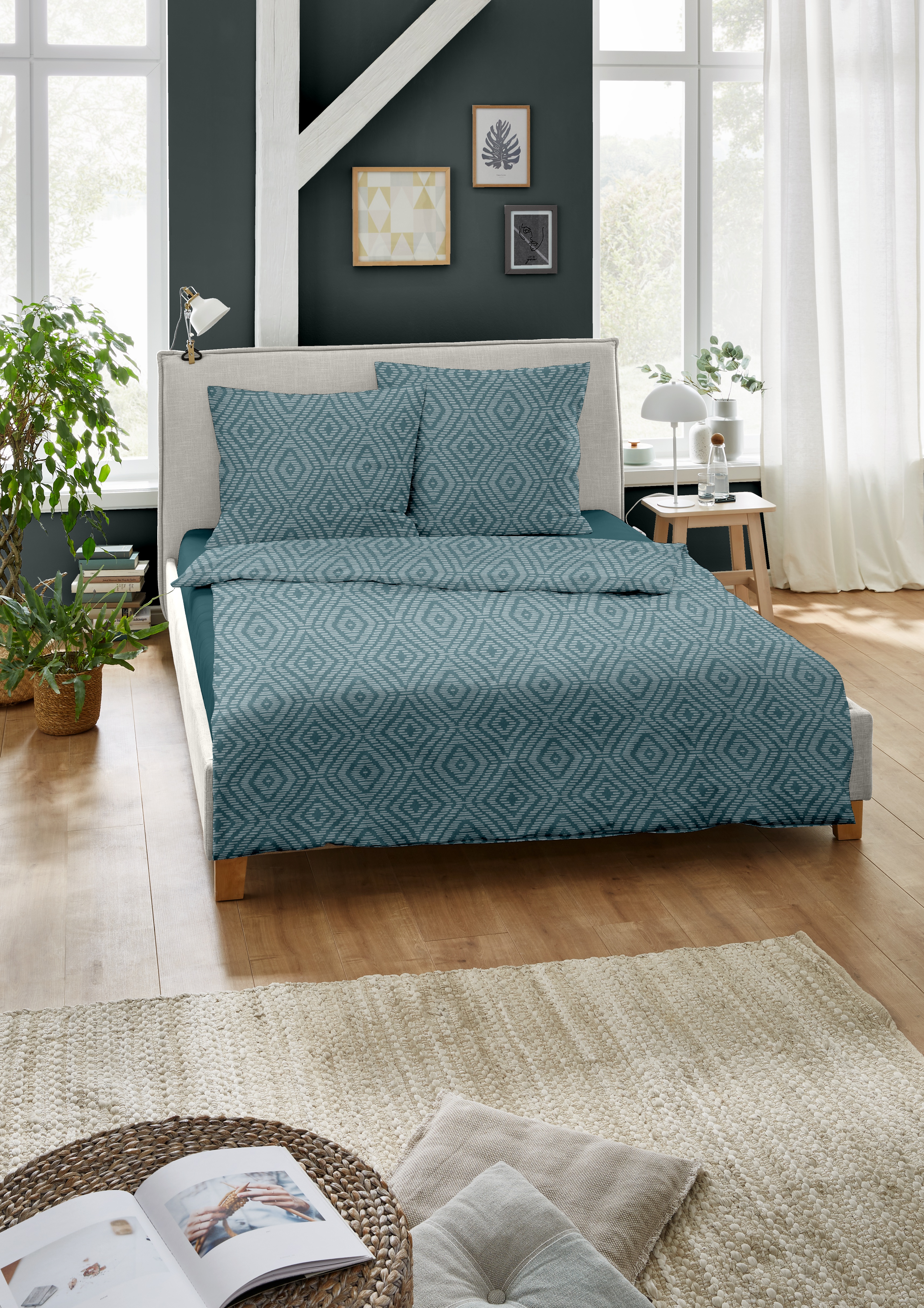 Kuschelige Jacquard-Flanell Bettwäsche in schlichtem Petrol Design