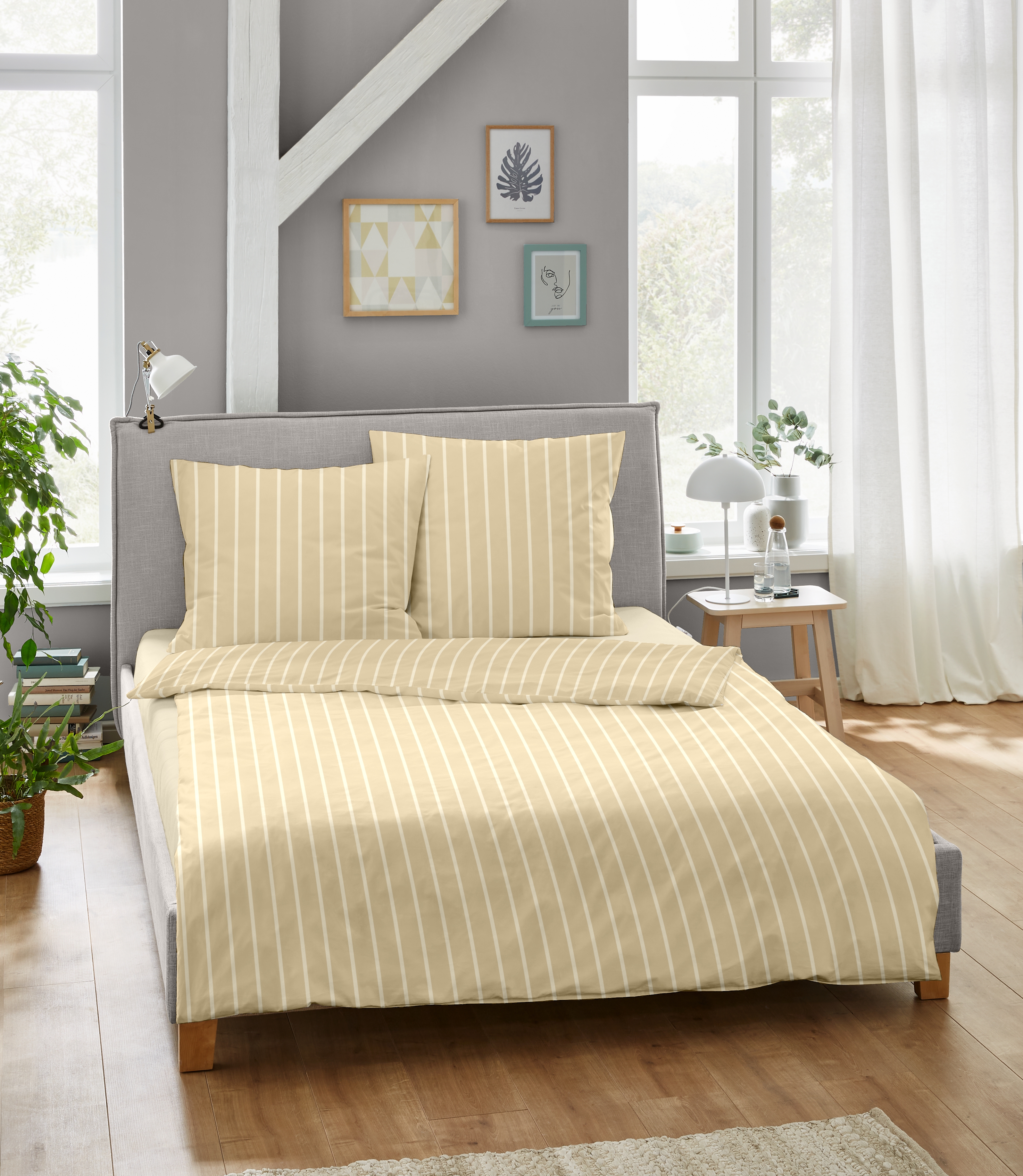 Hochwertige Mako-Satin Bettwäsche im warmen Gelb mit StreifenDesign